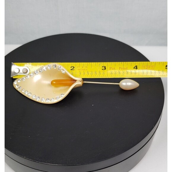 Vintage 1940's Celluloid Calla Lily Cream Clear Rhinestones 4" Stick Pin Brooch - Picture 14 of 15